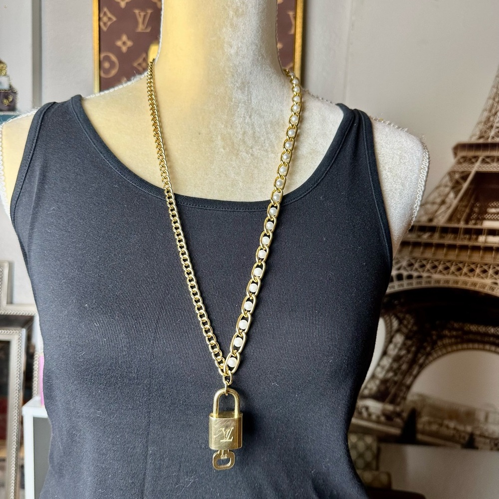 Authentic Louis Vuitton Lock & Key #315 on Long Gold Pearl Chain